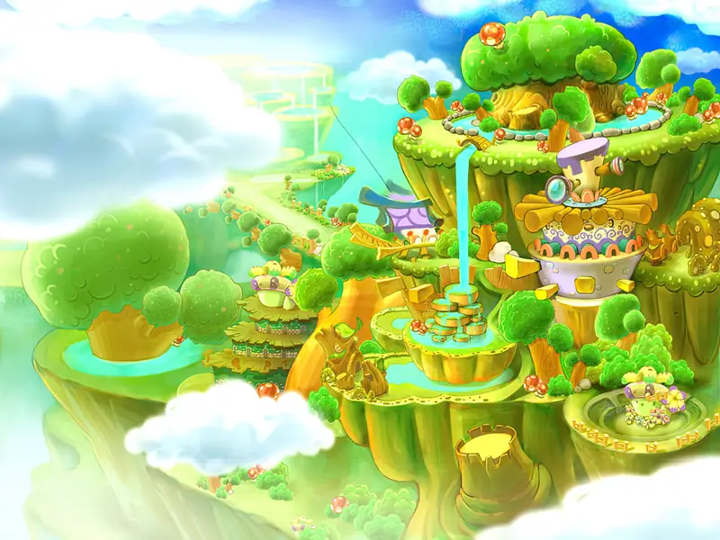Painting of the game's floating hub island, with trees, a waterfall and a teapot house