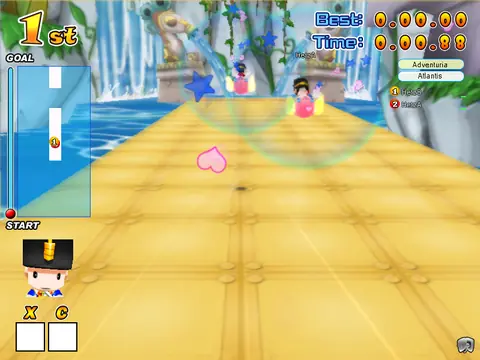 Two players racing on the Atlantis track, first place shown at the top left